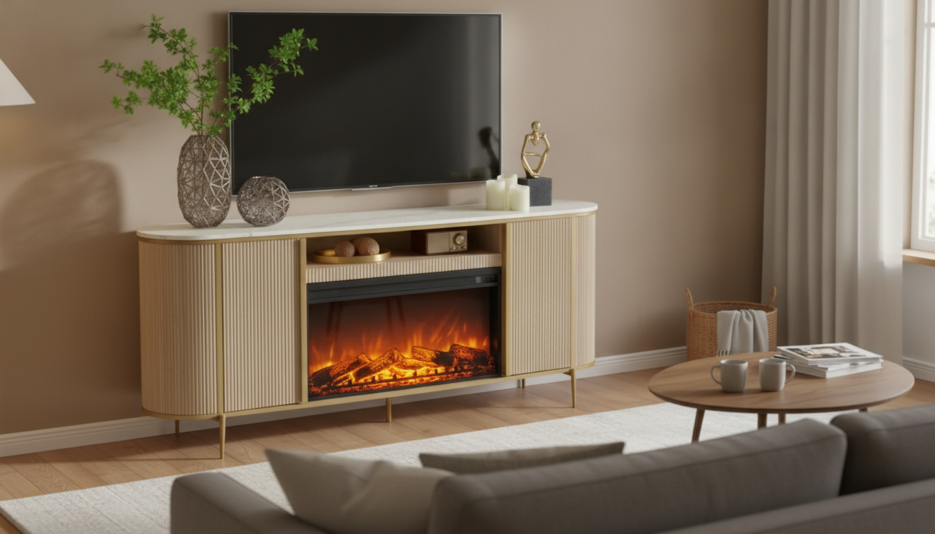 70-Inch Fluted Fireplace TV Stand With Faux Marble Top