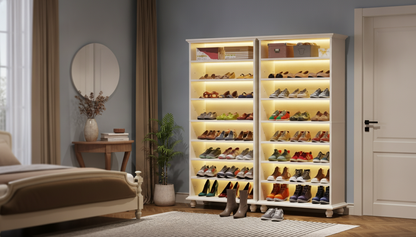 9-Tier Tall Shoe Cabinet with LEDs for Slim Entryways