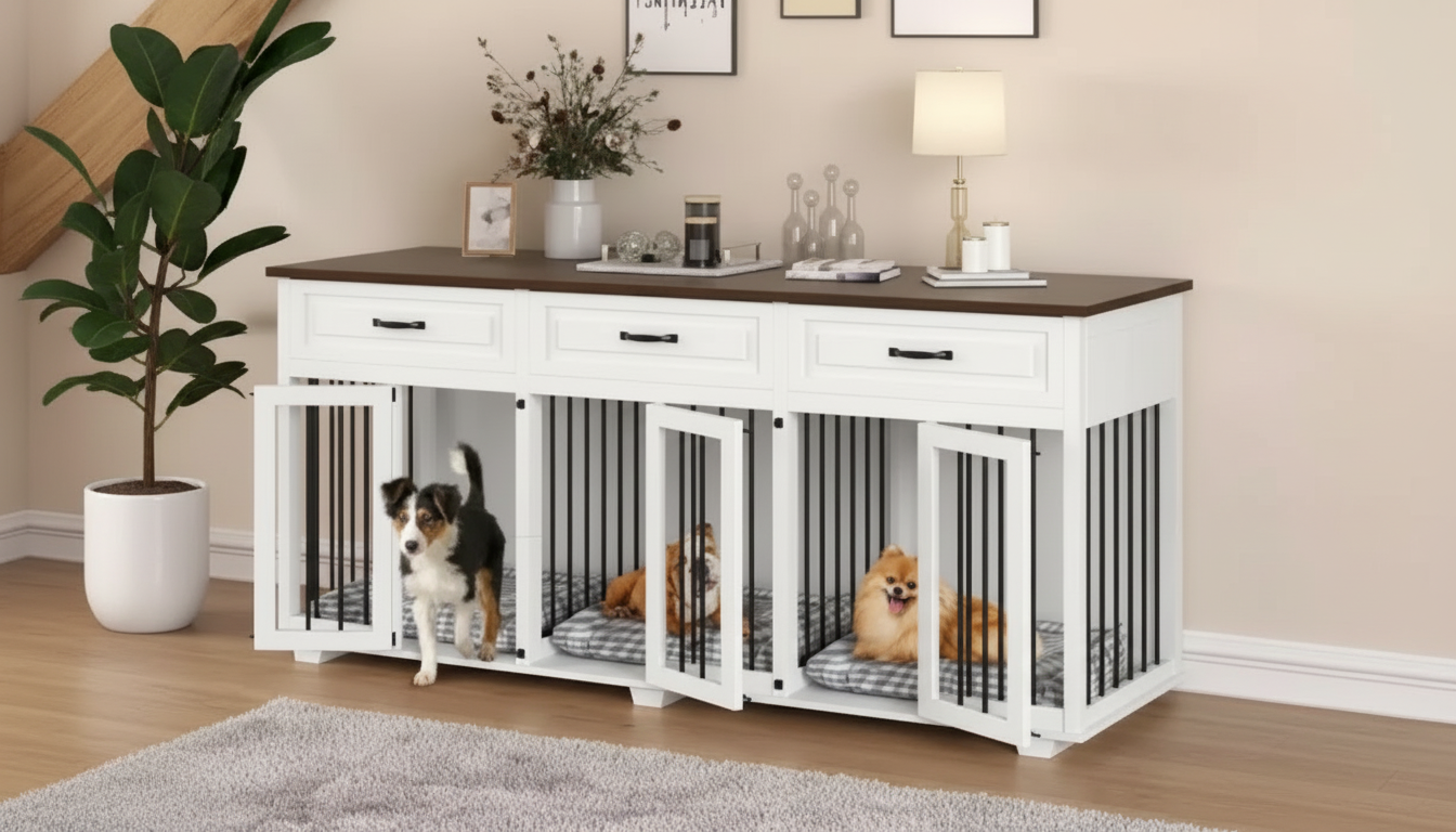71-Inch Wooden Dog Crate Console: 3 Rooms + Drawers