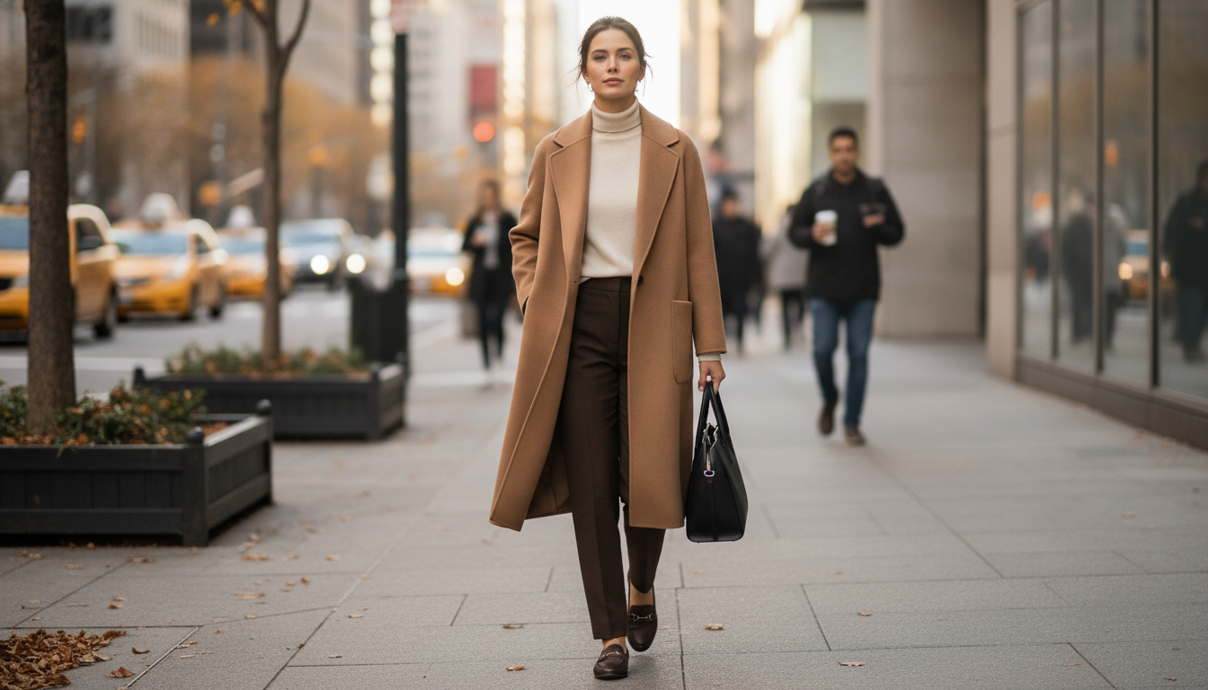 Camel Double-Sided Wool Coat: Mid-Length Office Style