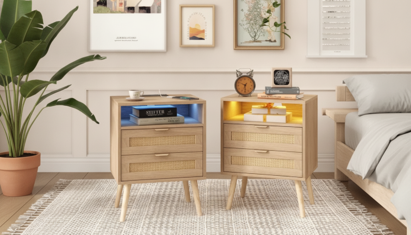 Boho Rattan Nightstands (Set of 2) w/ Charging & LED