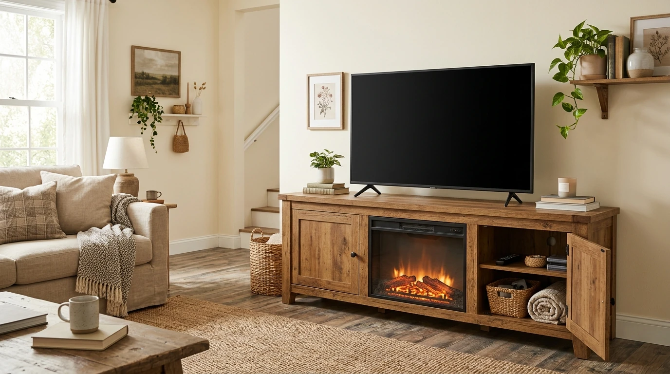 Farmhouse LED Fireplace TV Stand: Storage and TV Fit